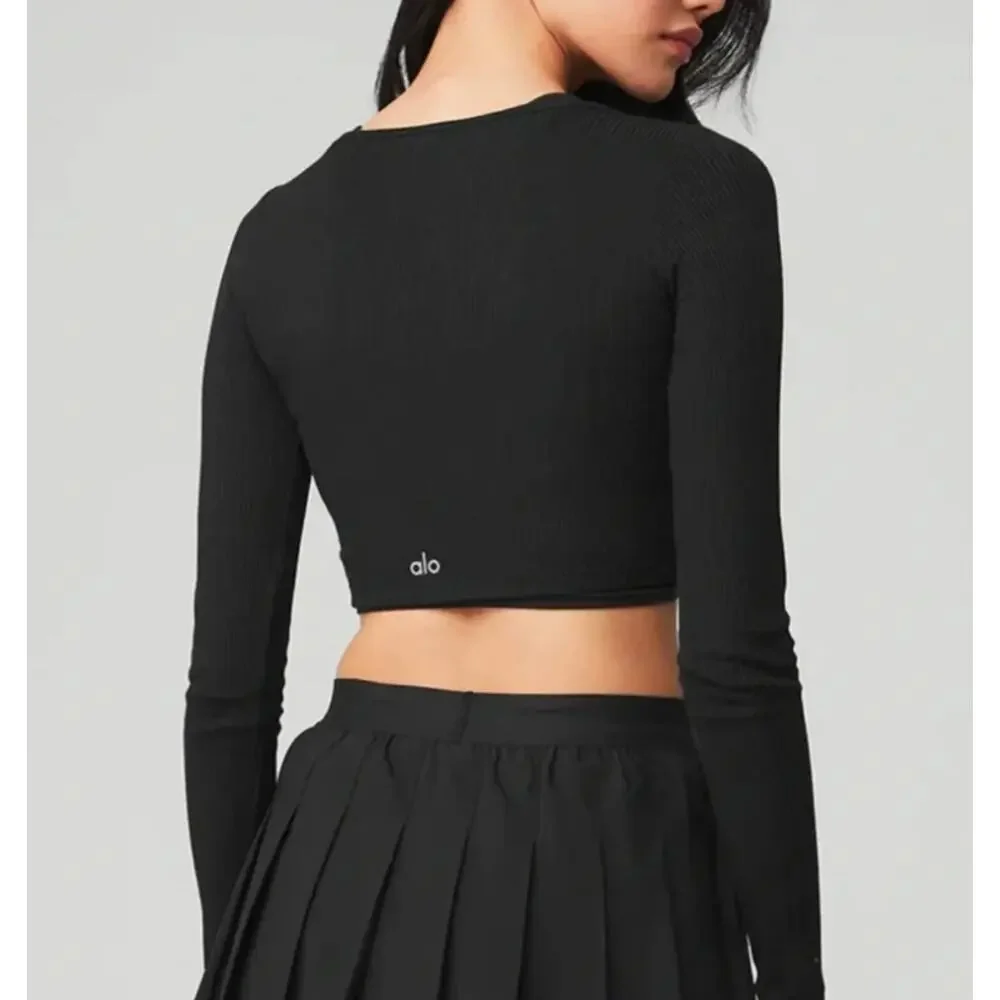 ALO Cropped Whisper Ribbed Cardigan Sweater Long Sleeve Black Small